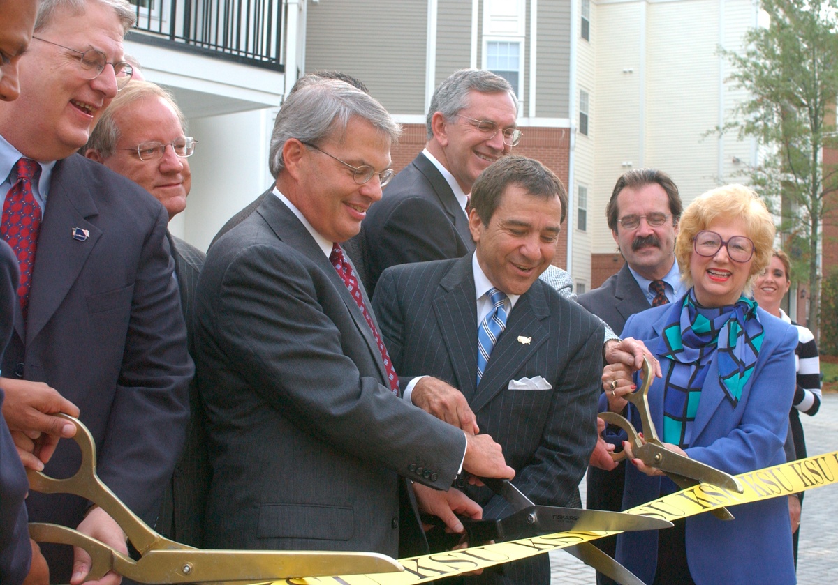 Governor Roy Barnes; Tommy Holder, Chairman of the board of KSU foundation; Michael Coles; President of Kennesaw State University, Betty Siegel celebrate ribbon cutting of first on-campus housing at Kennesaw State University, 2000